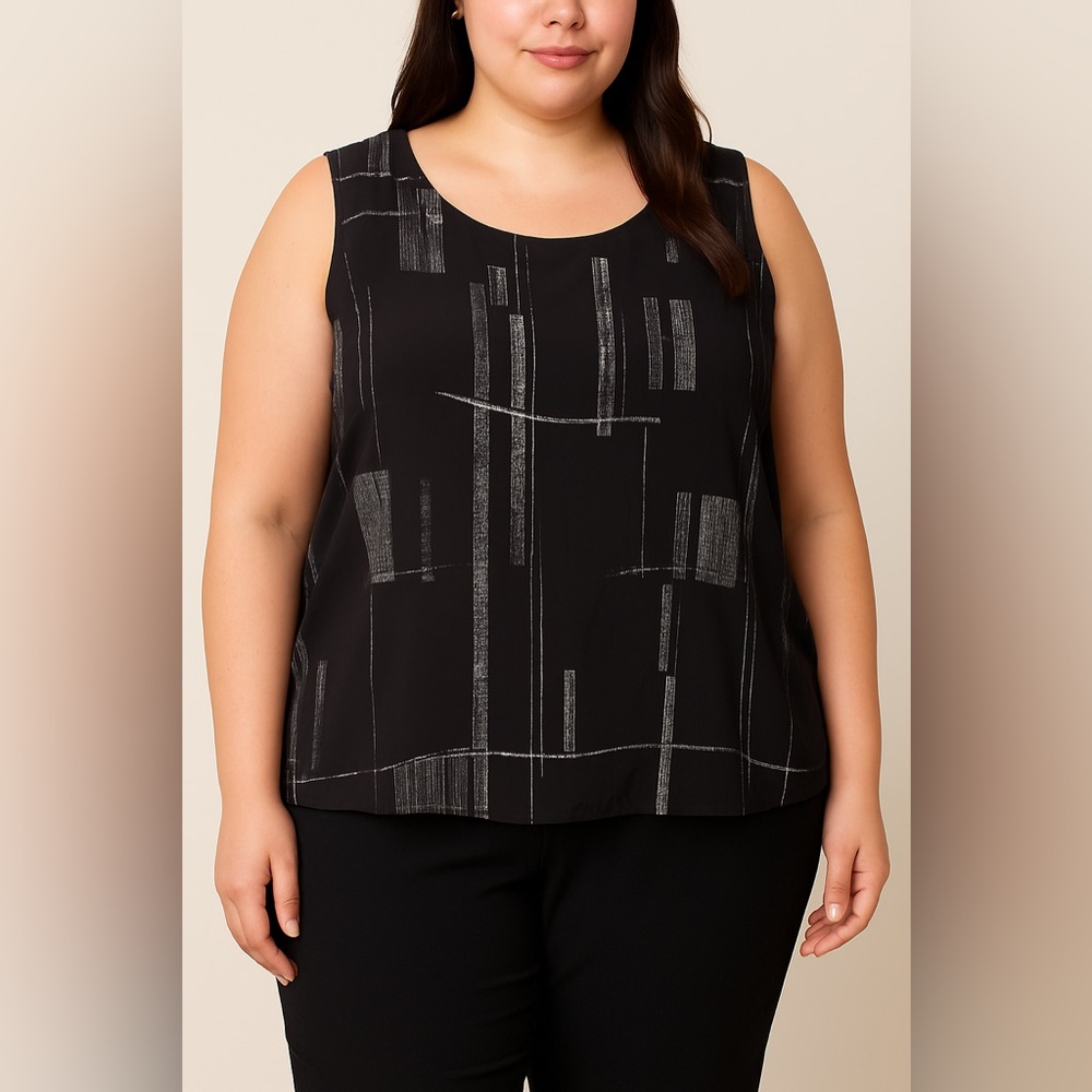 Elisabeth by Liz Claiborne Black‎ Silver Abstract Sleeveless Blouse Top 22